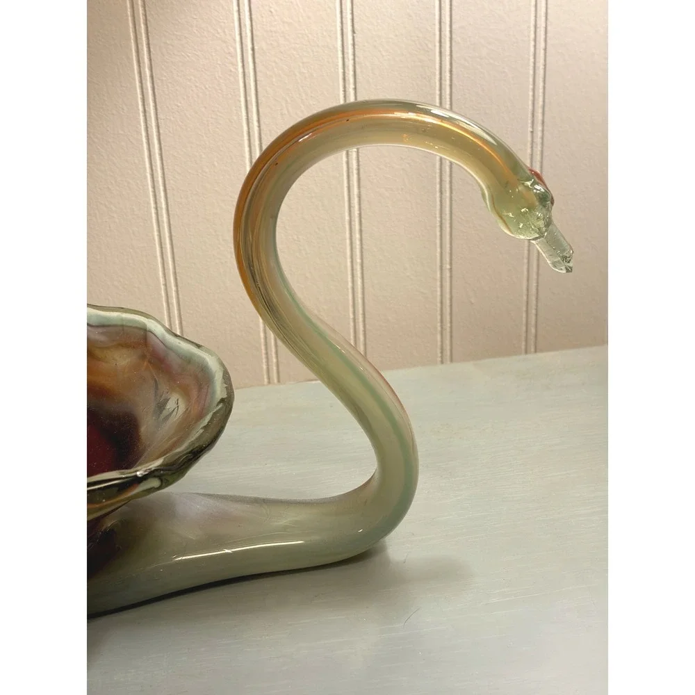 Vintage Art‎ Glass Swan Candy Dish Colorful Swirl Murano Style Catchall Bowl